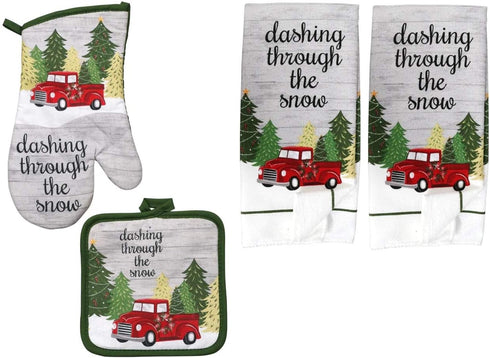 Vintage Truck/Christmas 5 Piece Bundle Package Oven Mitt (1) Kitchen Towels (2) Pot Holders (2)...