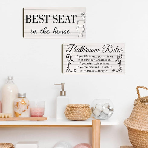 Jetec 2 Pieces Funny Bathroom Pictures Wall Sign Decor Farmhouse Bathroom Rule Wall Art Toilet Rustic Decoration Best Seat Wooden Sign(Simple Styl...