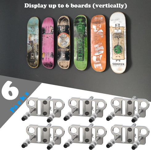 Skateboard Wall Mount (6-Pack) - Strong Aluminum Skateboard Hanger with One Bubble Level and Dual Screw Holes, Skateboard Deck Storage for Home De...