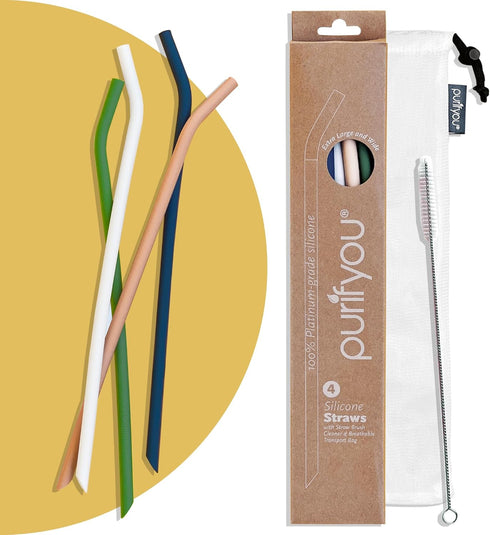 purifyou Extra Long 14.5" Reusable Silicone Straws with Flexible Tips, Cleaning Brush, & Portable Case - Fits with 40oz Stanley Cups, Tumblers & M...