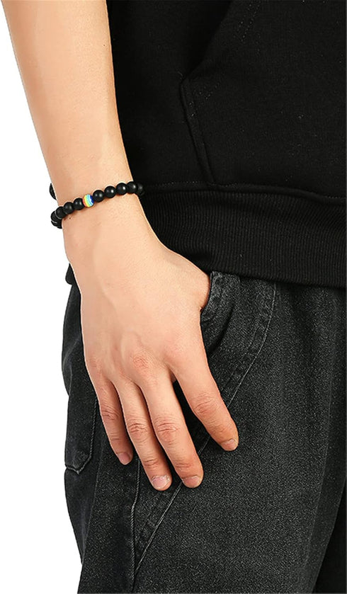 LGBT Natural Stone Bead Stretchy String Lesbian Gay Pride Bracelet Handmade Adjustable Rainbow Gemstone Seed for Men Women Friend LGBTQ Friendship...