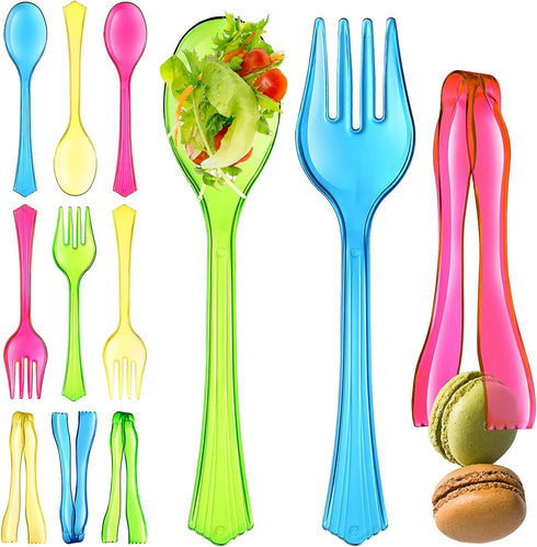 Disposable Serving Utensils, Neon 12 Pack, Four 10” Plastic Serving Spoons and Forks, Four 6-1/2” Plastic Serving Tongs, Plastic Serving Utensils ...