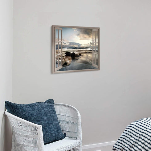 Fake Window Coastal Wall Art: Rocky Beach Artwork Lake Under Sunset Canvas Painting Nature Landscape Prints Ocean Clouds Modern Photo Small Quiet ...