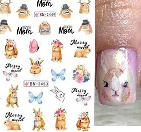 12 Sheets Rabbit Nail Stickers Animal Water Transfer Nail Decals Holographic Art Sticker Decal Rabbit Butterfly Flower Nail Art Design for Women G...