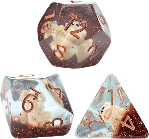 Gate Keeper Games and Dice: Inclusion Dice: Puppy Dice - 7pc RPG Set, Tan Puppy in Clear Resin w/ Brown Glitter, 7 Resin Dice for Role Playing Gam...