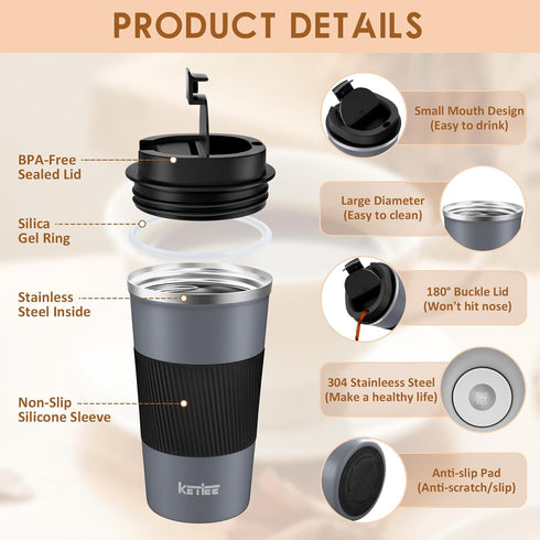 KETIEE Travel Coffee Mug Spill Proof 12oz, Insulated Reusable Coffee Cups with Seal Lid, Vacuum Stainless Steel Travel Mug to Go Car Tumbler for H...