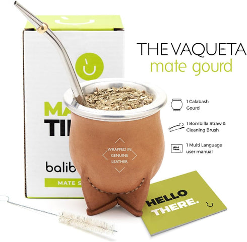 BALIBETOV Leather Wrapped Handmade Yerba Mate Gourd (Mate cup) with Bombilla (Yerba Mate straw) (Natural)...