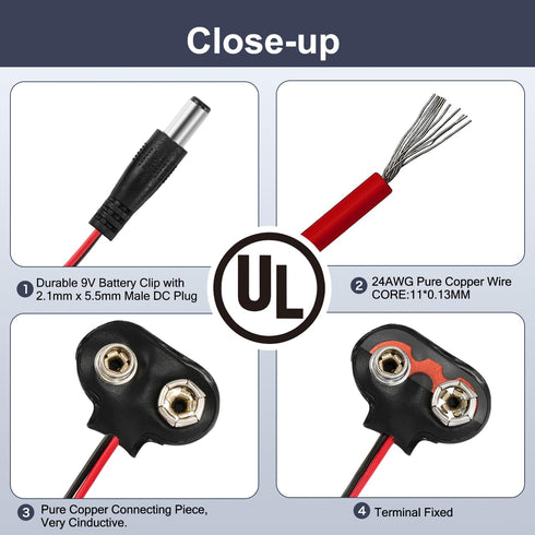 CHANZON UL Wires 9v Battery Connector Plug Arduino Battery Power Leather Clip with Center Positive 2.1mm x 5.5mm Male 5 Pack Jack T-Type for Ardui...