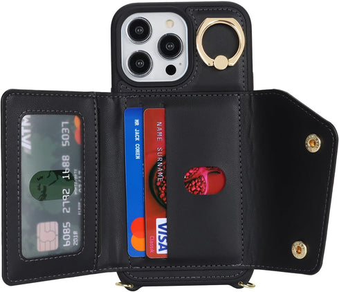 for iPhone 12 Pro Max Case with Card Holder and Strap - Zipper Pocket,Crossbody Lanyard Strap,Credit Card Holder,Stand Ring,Cute Phone Wallet Case...