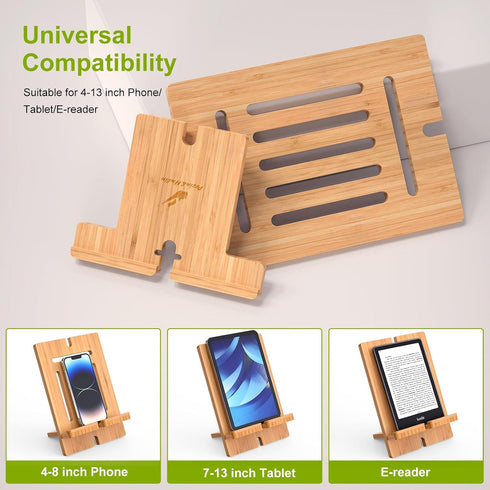Pezin & Hulin Bamboo Tablet Stand Adjustable, Desktop Cell Phone Stand Holder Dock Compatible with Pad 9.7, 10.5, 12.9, Air 2 3 4 Mini, Kindle, Ph...