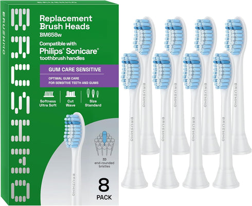 Brushmo Gum Care Sensitive Replacement Toothbrush Heads, Compatible with Philips Sonicare Click-on Toothbrush Handles, 8 Standard Heads, Extra Sof...