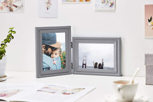 Vertical Horizontal, Art Double 4x6 Grey Wood Foldable Picture Frame - Opening 3.5x5.5 - for 4 by 6 Portrait and Landscape View...