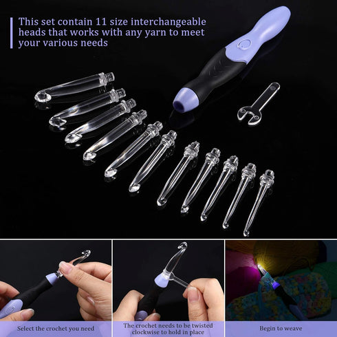 11 Sizes Lighted Crochet Hooks Set Rechargeable Crochet Hook Light Up Hooks with Case, Interchangeable Heads 2.5 mm to 8 mm for DIY Craft Supplies...