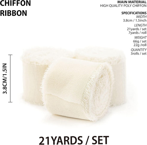 Vitalizart 3 Rolls Handmade Fringe Chiffon Silk Ribbon 1.5" x 7Yd Cream White Ribbons Set for Gift Wrapping Wedding Invitations Bridal Shower Bouq...