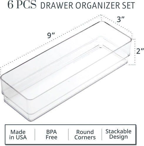 STORi SimpleSort 6-Piece Stackable Clear Drawer Organizer Set | 9" x 3" x 2" Rectangle Trays | Narrow Makeup Vanity Storage Bins and Office Desk D...