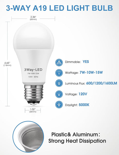 DORESshop 3 Way Light Bulbs, 3 Way LED Light Bulbs 50 100 150W Equivalent, A19 LED Light Bulbs, Three Way Light Bulbs E26 Medium Base, Daylight Wh...