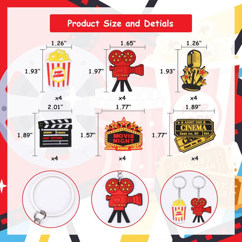 24PCS Movie Night Keychains, Movie Night Party Favors Include Clapboard Microphone Ticket Popcorn Microphone Projector Keychains for Birthday Part...