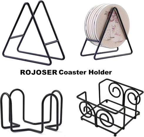 ROJOSER 2PC Triangle Coaster Holder Black Iron Metal Holder Storage Caddy for Both Round and Square Coasters Fit 4 to 9 Pieces Coasters,4.3 Inch...