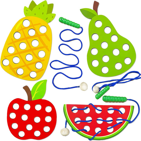 4 Pack Wooden Lacing Toy,Educational Threading Activity Puzzles,Learning Fine Motor Skill Travel Toy,Wooden Fruit Threading Set for Toddlers Kids ...