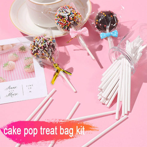 300PCS Lollipop Cake Pop Treat Bag Set Including 100pcs Parcel Bags, Papery Treat Sticks, Gold Metallic Twist Ties for Making Candies, Chocolates ...