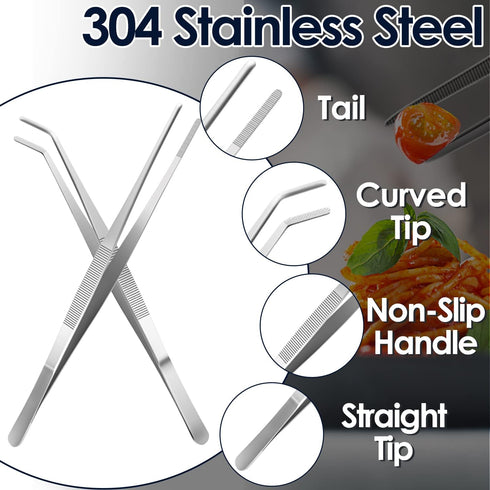 Gutsdoor Kitchen Tweezers Set Stainless Steel Tongs Tweezers Set of 2 with Precision Serrated Tips for Cooking (8 Inch Set)...