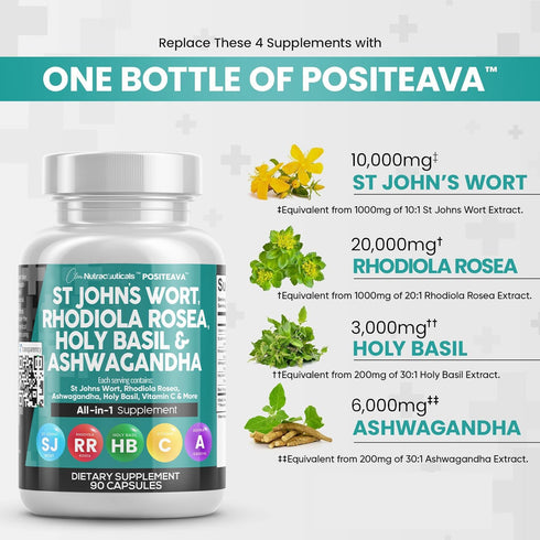 Clean Nutraceuticals St Johns Wort 10000mg Rhodiola Rosea 20000mg Holy Basil 3000mg Ashwagandha 6000mg - Mood Support for Women and Men with Vitam...