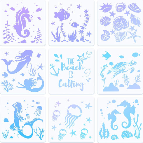 Zonon 9 Pieces Sea Animal Stencils Flower Mermaid Stencil Ocean Stencil Templates for Painting Crafts Reusable DIY Cards Making Scrapbook Summer S...