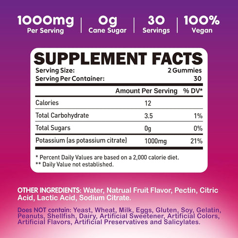 Potassium Citrate 1000mg Gummies, Potassium Supplement for Adults Women & Men, Support Leg Cramps & Muscle Health, 60 Chewables...
