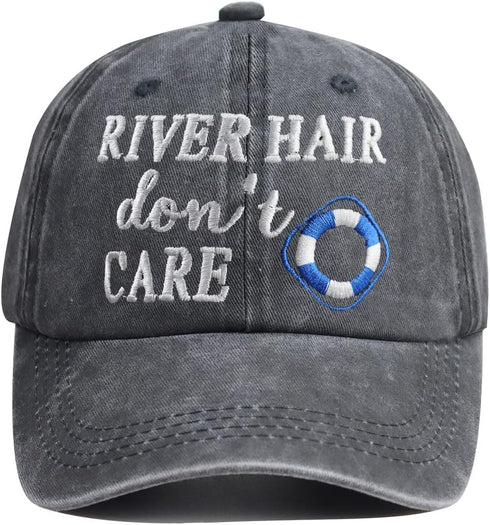 Embroidered River Hair Don’t Care Hat, Vintage Wash Cotton Adjustable Denim Baseball Cap...