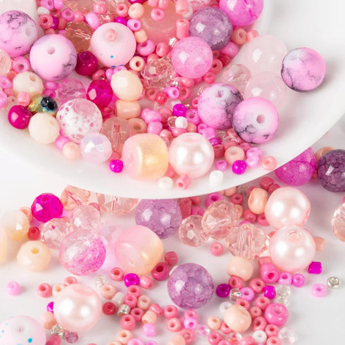 Keip Taoun Pink Glass Beads for Jewelry Making, Bracelet Beads Set for Girls, 1000pcs Including 8mm Assorted Round Beads, 6mm Bicone Crystal Beads...