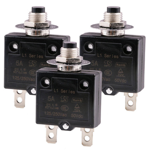 Thermal Circuit Breaker 5 Amps, Thermal Overload Protector L1 Series 125-250V AC 50V DC Push Button Manual Reset Circuit Breaker (3PCS?...