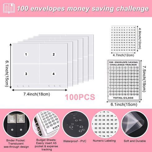 100 Envelopes Money Savings Challenge Book, Budgeting Binder and Cash Saving Kit with Pouches, Family Emergency Binder (Pink)...