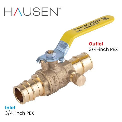 Hausen 3/4-inch PEX Standard Port Brass Ball Valve with Drain, 1-Pack...