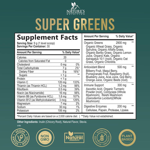 Super Greens Powder Smoothie Mix - Green Whole Food Blend Supports Energy & Gut Health with Spirulina, Chlorella, Mushrooms, Vegetables, Digestive...