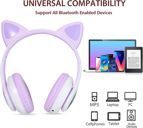 TCJJ Kids Wireless Headphones - Cat Ear LED Light Up, Bluetooth 5.4, Safe Volume Limit, Noise Cancelling with Mic & TF Card for Girls Boys Toddler...