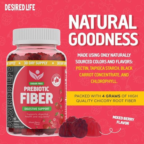 Sugar Free Prebiotic Fiber Gummies for Adults Kids Mixed Berry Flavor Plant Supplement for Women Men, Daily Digestive Health Regularity 60 Count (...