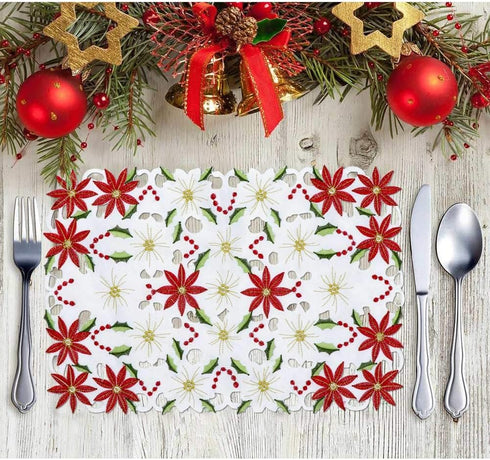 AerWo 6Pcs Christmas Holiday Placemats, Embroidered Poinsettia Christmas Table Place Mats for Christmas Dinner Christmas Table Decorations 11 × 17...