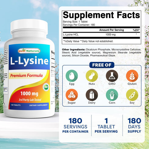 Best Naturals L-Lysine 1000mg 180 Tablets - Double Strength Lysine for stronger immune health & cold sores...