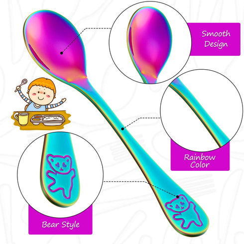 Boao 6 Pieces Kids Rainbow Spoons Stainless Steel Rainbow Toddler Cutlery Silverware Utensil Kids Child Safe Flatware for Home and Preschools...