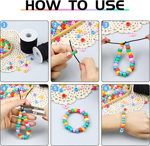 FIVEIZERO 2 Rolls Black Elastic Bracelet String Total 330 Feet,1mm,1.2mm,1.5mm Elastic Beading Cord Stretchy String with Scissors and Beading Need...