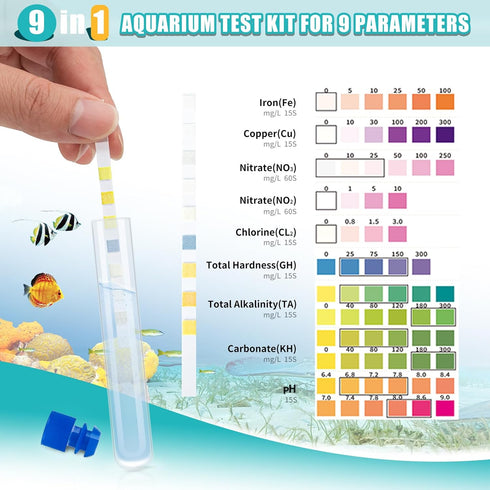 9 in 1 Aquarium Test Kit for Freshwater and Saltwater - 100 Aquarium Test Strips with Test Tube & Thermometer - Fast & Accurate Water Testing Stri...