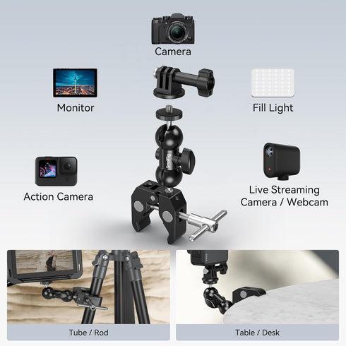 SMALLRIG Super Camera Clamp Mount, Double Ball Head Magic Arm Adapter, Fence/Desk/Tripod Mount for Monitor/Light/Camera, for Insta360, for Gopro 1...