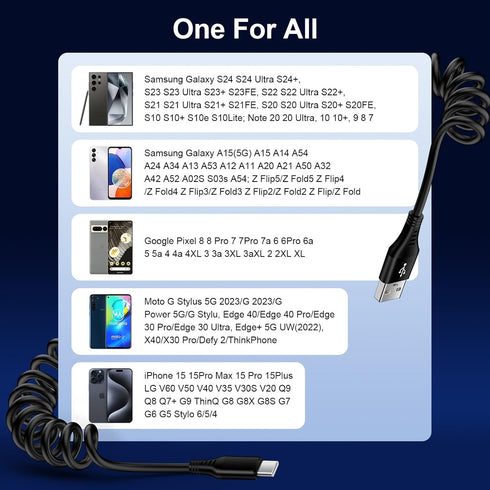 Samsung S24 Type C Coiled Charging Cable 3FT for Galaxy S24/S23/S22/S21/S20, A15/A14/A53/A54, Android Auto USB C Cable Car Charger for iPhone 15 P...