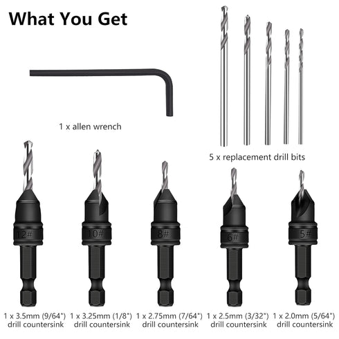 MulWark 82° Countersink Drill Bit Set incl. 5pcs Free Replaceable HSS Drill Bits for Wood?3/8" Quick-Change -Chamfered Adjustable Drilling Tool Ki...