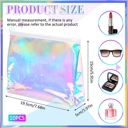 Dunzy 10 Pcs Holographic Iridescent Makeup Bag Portable Waterproof Cosmetic Makeup Pouch Cute Zippered Toiletry Bag Clear Cosmetic Bags for Travel...