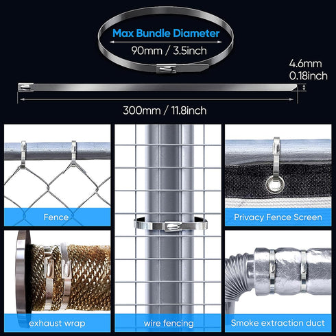 Metal Zip Ties,100 Pcs 11.8 Inch,304 Stainless Steel Zip Ties Multi-purpose Metal Cable Ties-Suitable for Outdoor Chain Link Fence and Exhaust Wra...