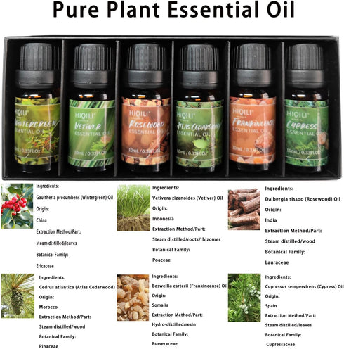 HIQILI 100% Pure Woodsy Essential Oil Set, 6x10ml, Cedarwood, Wintergreen, Frankincense, Vetiver, Rosewood, Cypress - Aromatherapy, Massage, Skin ...