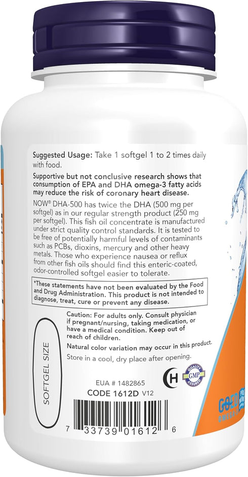 NOW Supplements, DHA-500 with 250 EPA, Molecularly Distilled, Supports Brain Health*, 90 Softgels...