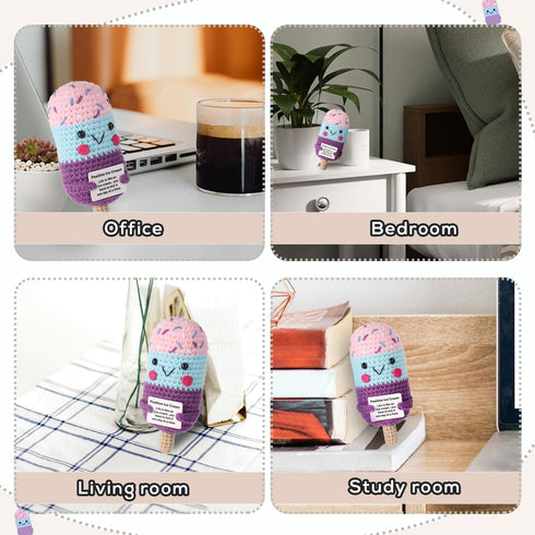 Funny Positive Ice Lolly, Crochet Ice Cream Cute Knitted ICY Pole Toy with Encouraging Card Smiling Emotional Support Potato Doll Handmade Positiv...