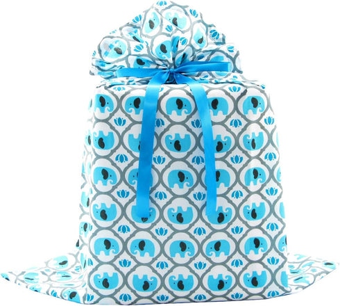 Elephants Reusable Fabric Gift Bag for Baby Shower, Child’s Birthday, or Any Occasion (Jumbo 27 Inches Wide by 33 Inches High, Turquoise Blue)...